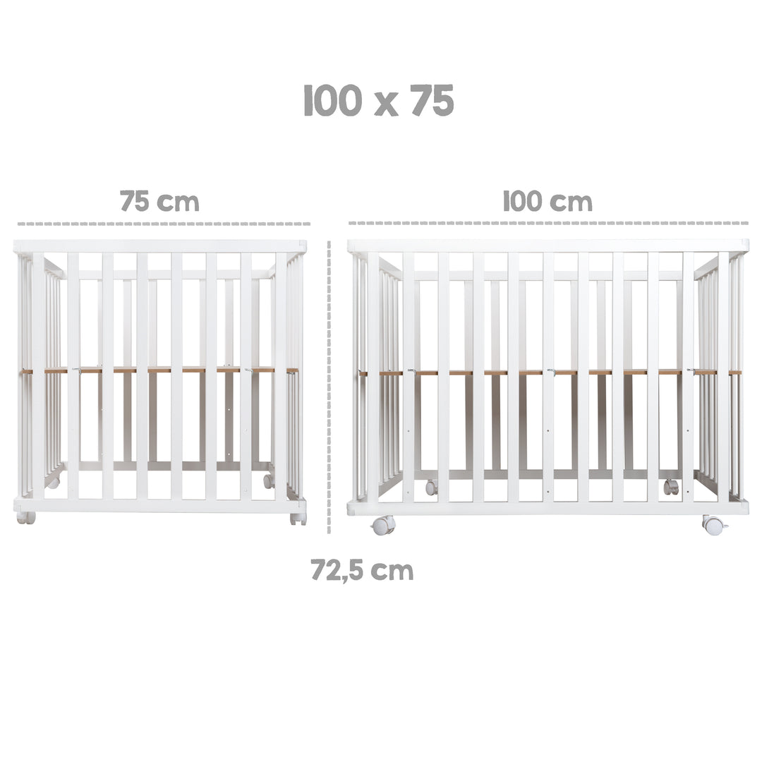 Parque infantil 'roba Style', 75 x 100 cm, incluye colchón protector verde y ruedas, blanco