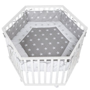 Box per bambini "Little Stars", box esagonale incl. cuscinetti di protezione e ruote, legno bianco