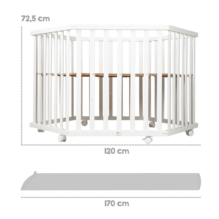 Parc bébé "roba Style", hexagonal, incl. insert de protection grise et roulettes, bois blanc