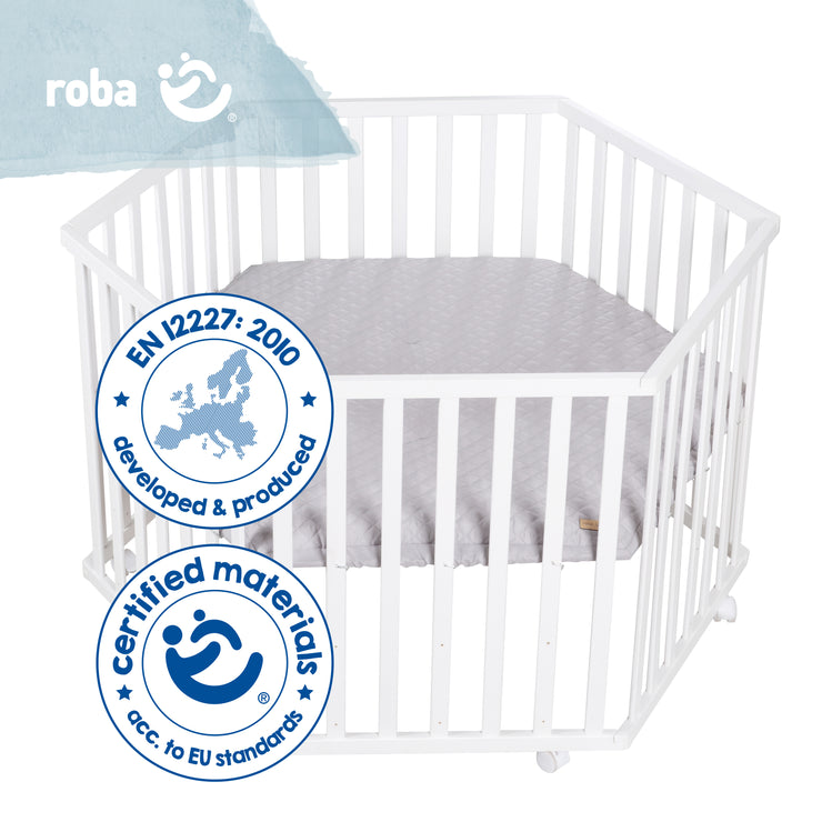 Box per bambini "roba Style", esagonale incl. cuscinetti di protezione e ruote, legno, bianco