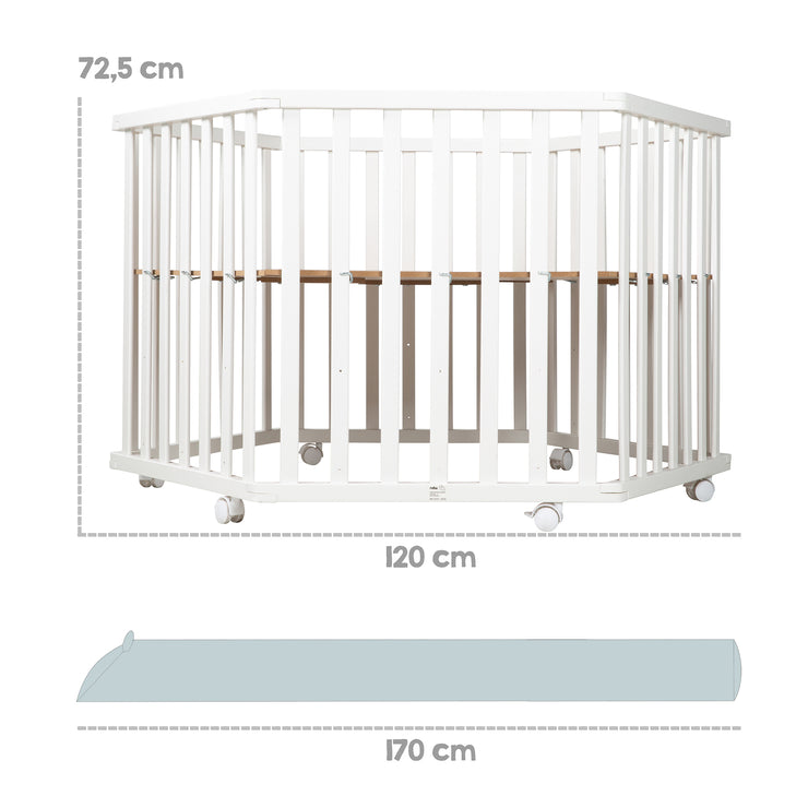 Box per bambini "roba Style", box esagonale incl. cuscinetti di protezione e ruote, legno, bianco