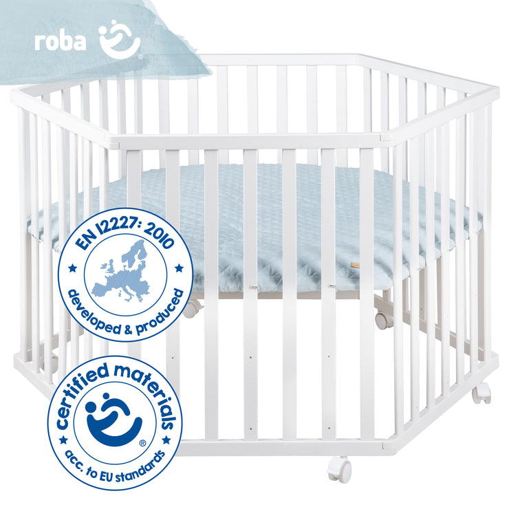 Parque infantil 'roba Style', hexagonal, incl. inserto protector azul claro y rollos, madera blanco