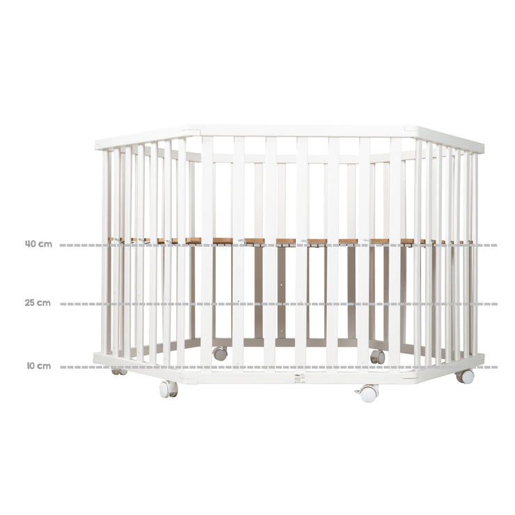 Playpen 'miffy®', hexagonal, 3-way height adjustable, incl. Protective insert & brake rollers, white