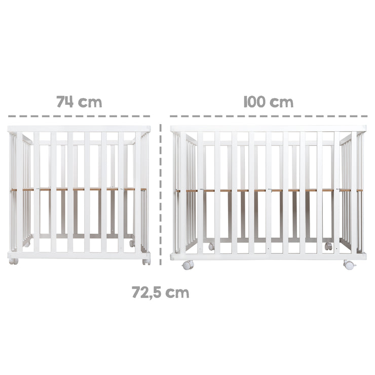 Parc pliable, blanc, 75 x 100 cm, parc peu encombrant, roulettes incluses