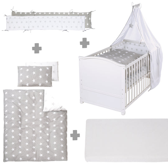 Juego completo de cama 'Little Stars', 70 x 140 cm, convertible, incluye ropa de cama, dosel, nido y colchón