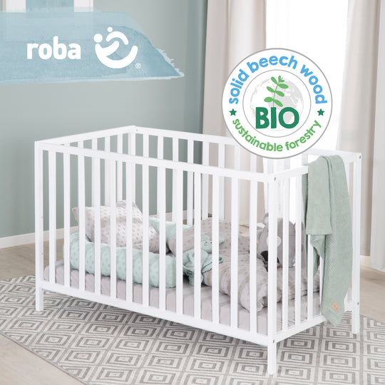 Cama infantil 'Cosi' 60 x 120 cm, en madera maciza de haya lacada en blanco, ajustable en 3 alturas