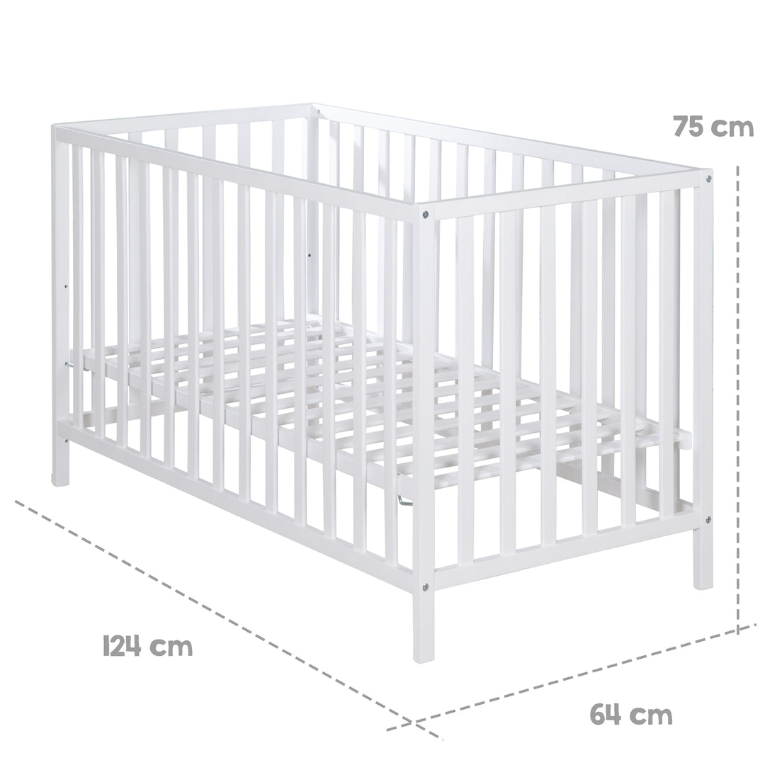 Cama infantil 'Cosi' 60 x 120 cm, en madera maciza de haya lacada en blanco, ajustable en 3 alturas