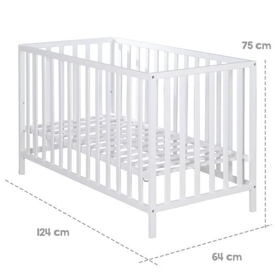 Cama infantil 'Cosi' 60 x 120 cm, en madera maciza de haya lacada en blanco, ajustable en 3 alturas