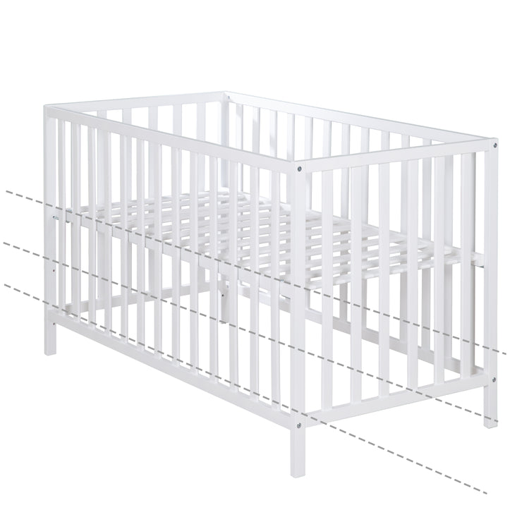 Letto per bambini "Cosi" 60 x 120 cm, realizzato in legno massello di faggio, verniciato bianco, regolabile in 3 posizioni in altezza