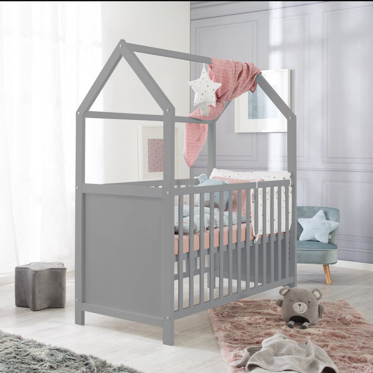 Lit cabane 60 x 120 cm, certifié FSC, lit bébé et d'appoint, gris, réglable en 6 directions, convertible