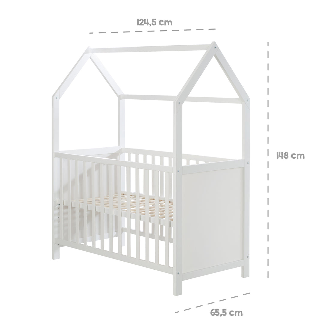 Hausbett 60 x 120 cm, FSC zertifiziert, weiß, 6-fach verstellbar, als Baby- & Beistellbett geeignet