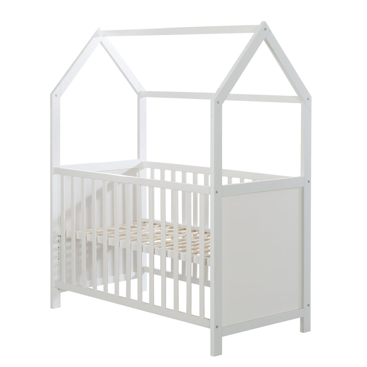 Lit cabane 60 x 120 cm, certifié FSC, lit bébé et d'appoint, blanc, réglable en 6 directions, convertible