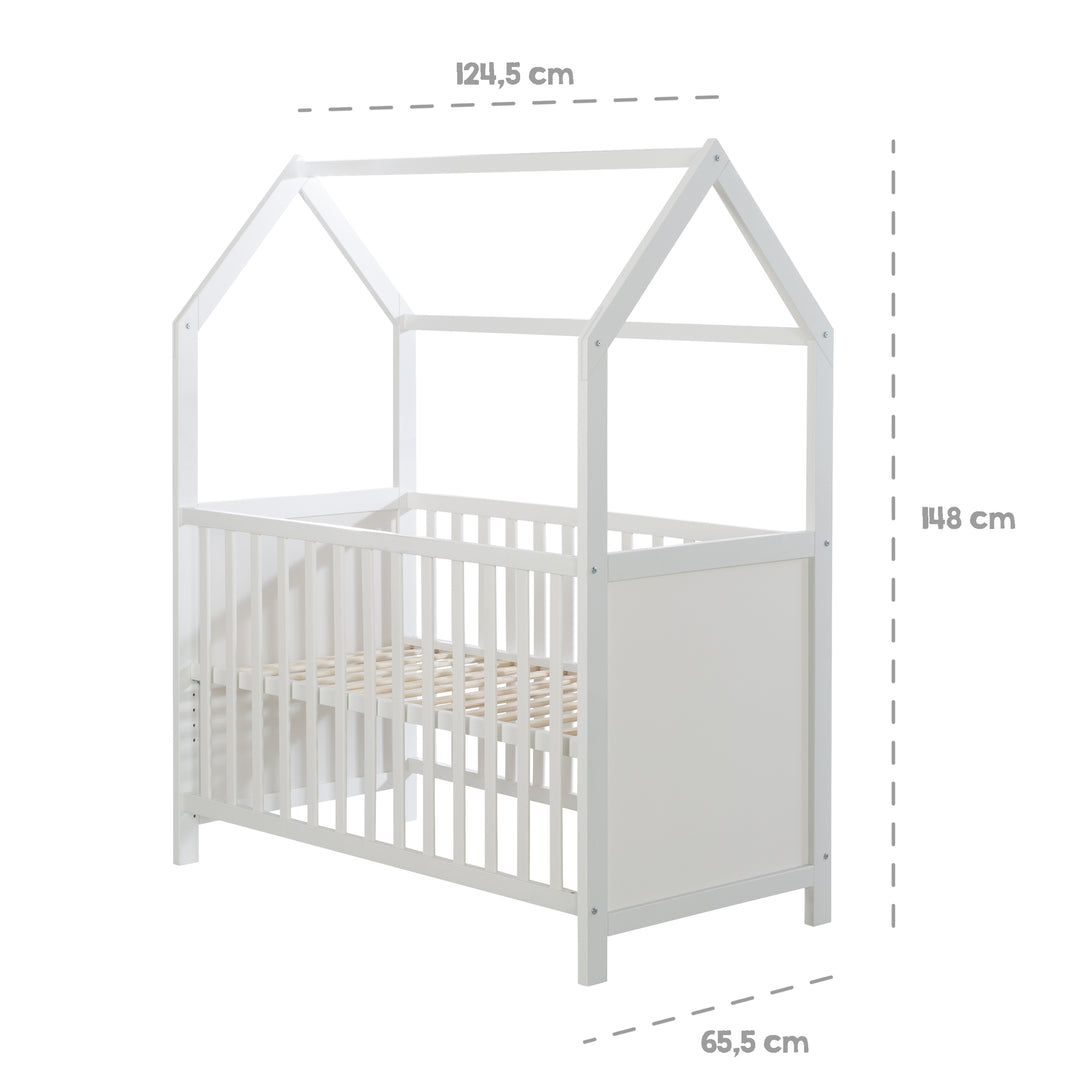 Hausbett 60 x 120 cm, FSC zertifiziert, weiß, 6-fach verstellbar, als Baby- & Beistellbett geeignet