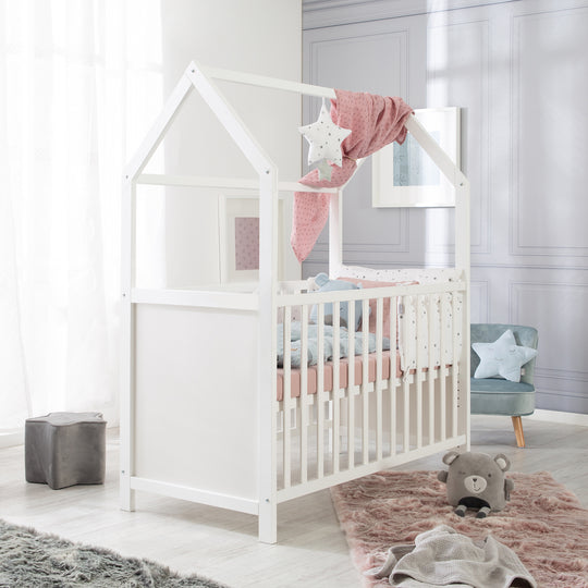 Hausbett 60 x 120 cm, FSC zertifiziert, weiß, 6-fach verstellbar, als Baby- & Beistellbett geeignet