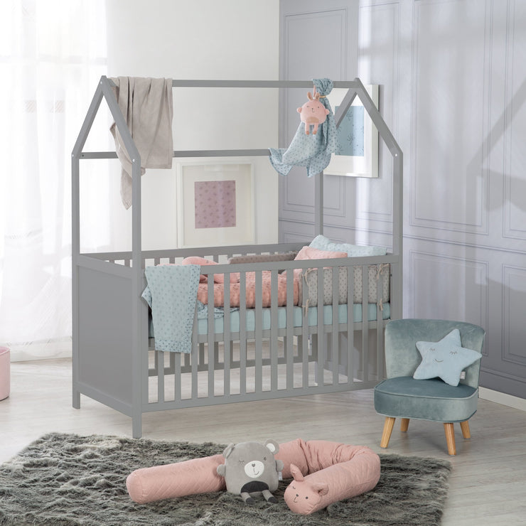 Lit cabane 70 x 140 cm, certifié FSC, lit bébé combi, taupe, réglable en 3 directions, convertible