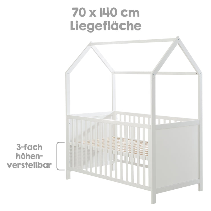 Cama de la casa 70 x 140 cm, FSC certificada, cama combinada para niños, blanco, 3 veces ajustable, convertible