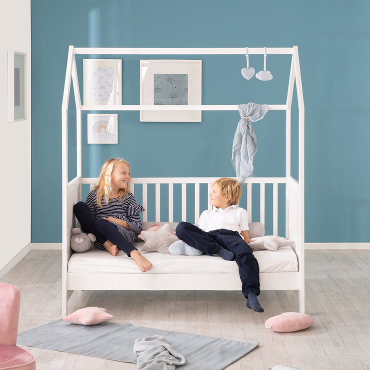 Cama de la casa 70 x 140 cm, FSC certificada, cama combinada para niños, blanco, 3 veces ajustable, convertible