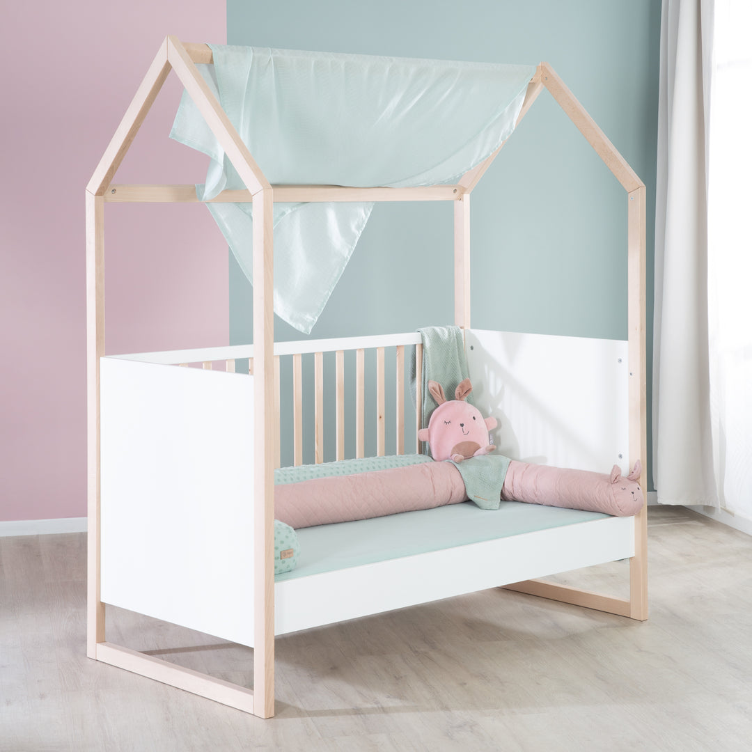Lettino a casetta 70x140 cm - regolabile in altezza - trasformabile - faggio naturale - legno bianco