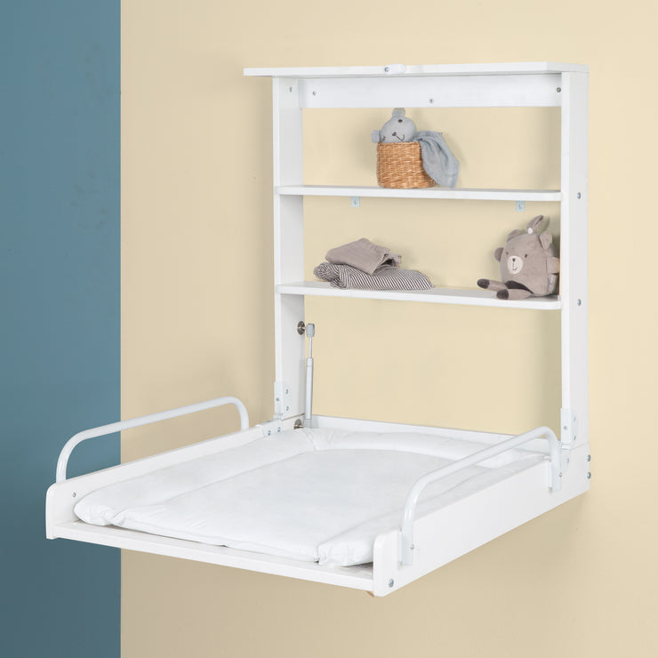 Wall-mounted changing shelf, foldable changing shelf, white, with changing mat 'Vogeltanz'