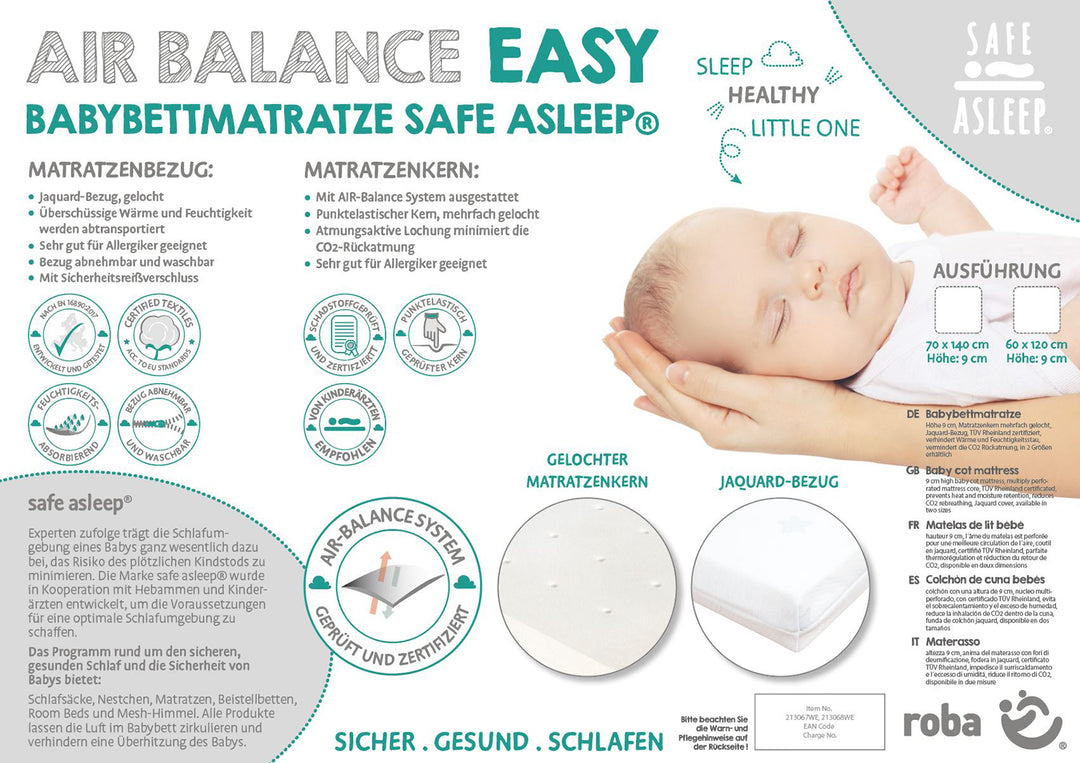 Matelas pour lit bébé 'safe asleep®' - 70 x 140 cm - AIR BALANCE EASY - Épaisseur 9 cm - Blanc