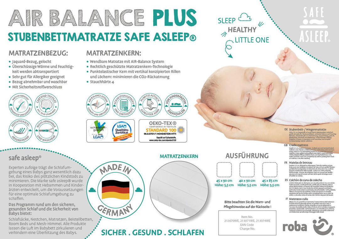 Cradle Mattress 'safe asleep®', AIR BALANCE PLUS, 40 x 90 x 5.5 cm, for Optimal Sleeping Climate