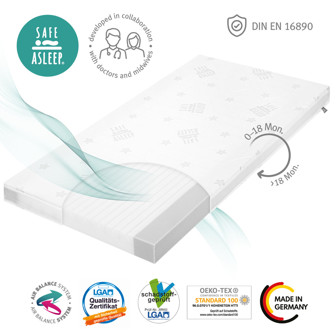 roba Matras voor wieg, 45 x 85 cm, met airconditioning en afneembare overtrek, Oeko-Tex gecertificeerd, Safe Asleep Air Balance Plus roba Matras voor wieg, 45 x 85 cm, met airconditioning en afneembare overtrek, Oeko-Tex gecertificeerd, Safe Asleep Air Balance Plus