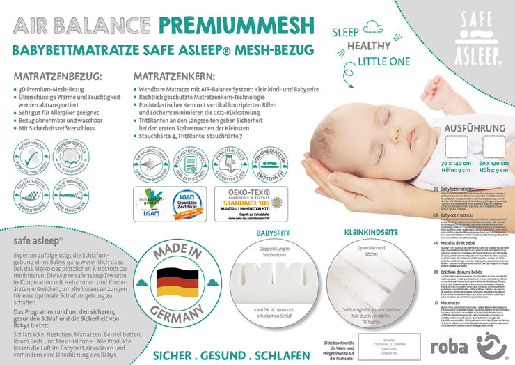 Babybettmatratze 'safe asleep®', AIR BALANCE PREMIUMMESH, 60 x 120 x 9 cm, óptimo Schlafklima