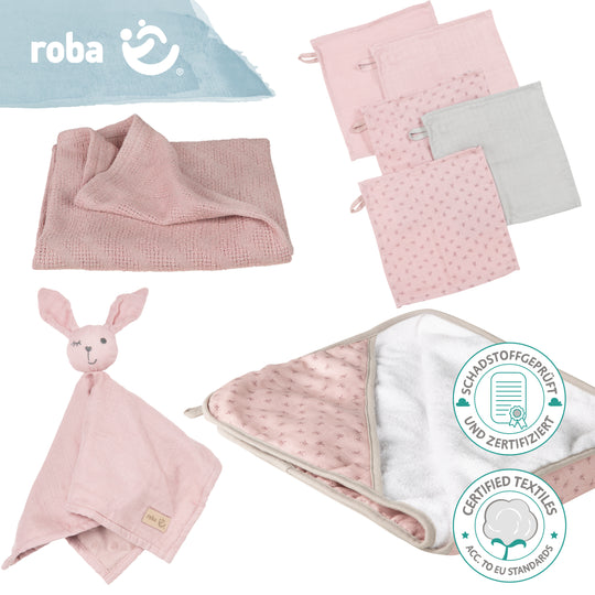 Organic Geschenkset 'Lil Planet' rosa/mauve, Handtuch, Waschlappen, Schmusetuch & Decke, GOTS