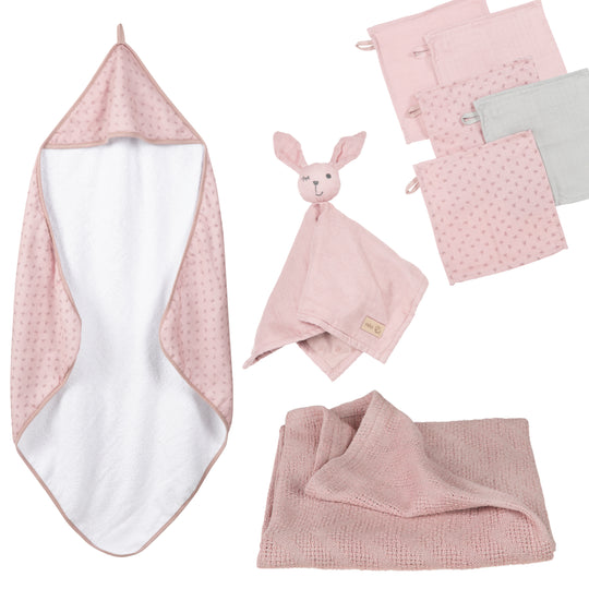 Organic Geschenkset 'Lil Planet' rosa/mauve, Handtuch, Waschlappen, Schmusetuch & Decke, GOTS