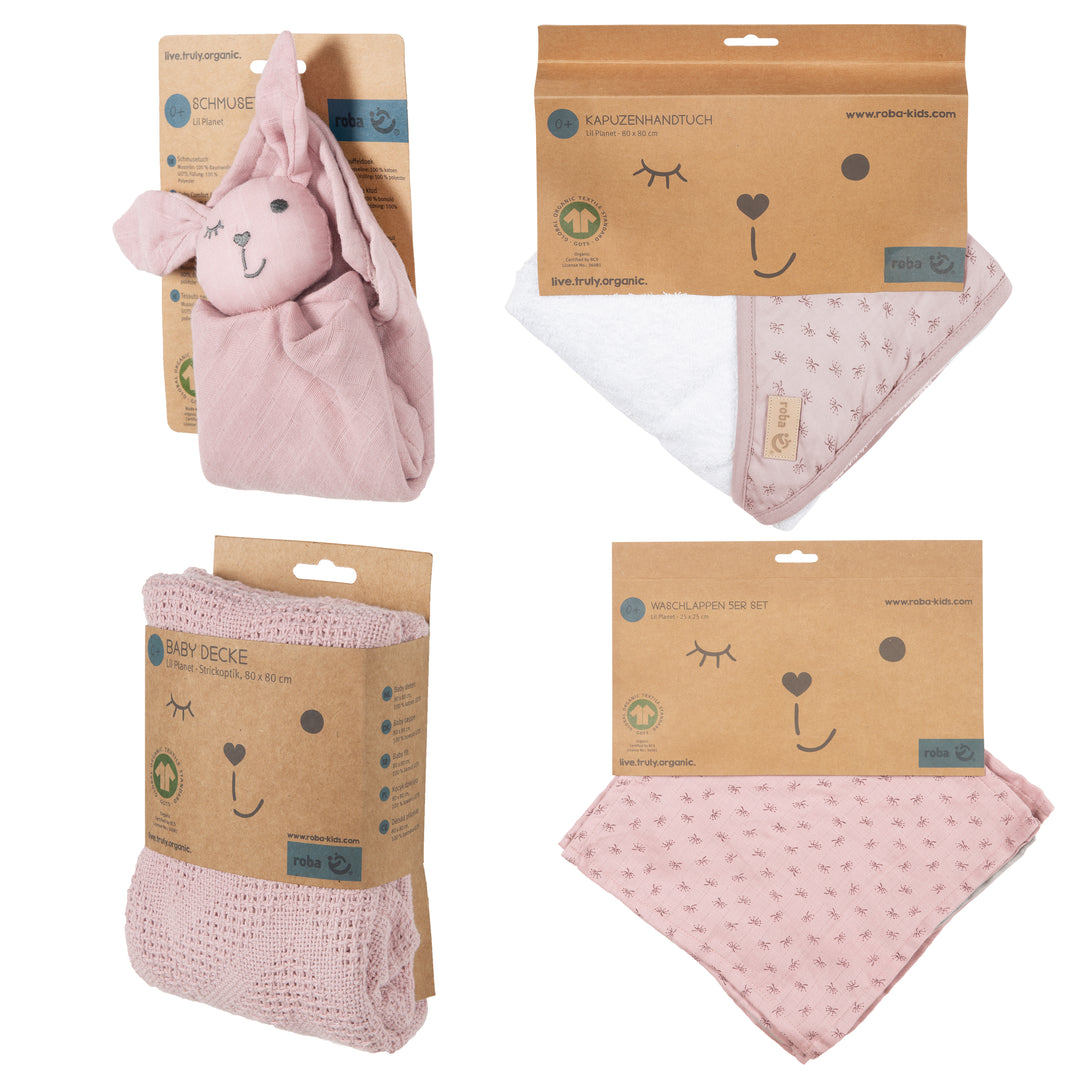 Organic Geschenkset 'Lil Planet' rosa/mauve, Handtuch, Waschlappen, Schmusetuch & Decke, GOTS
