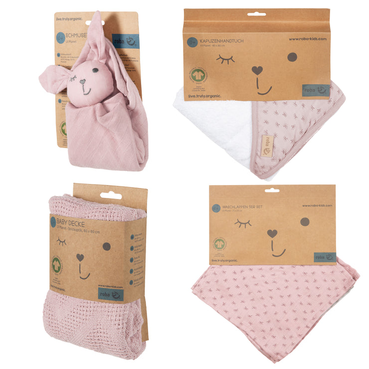 Set cadeau bio "Lil Planet" rose/mauve, serviette, gant de toilette, doudou et couverture, GOTS