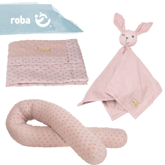Organic Geschenkset 'Lil Planet' rosa/mauve, Bio-Bettschlange, -Decke & -Schmusetuch