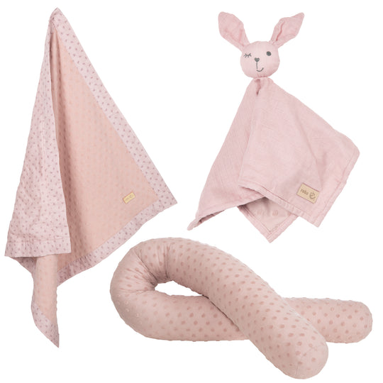 Organic Geschenkset 'Lil Planet' rosa/mauve, Bio-Bettschlange, -Decke & -Schmusetuch