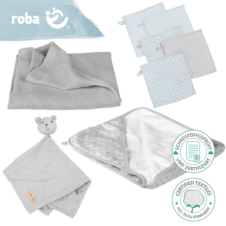 Set cadeau bio "Lil Planet" gris argenté, serviette, gant de toilette, doudou et couverture, GOTS