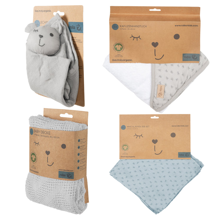 Set cadeau bio "Lil Planet" gris argenté, serviette, gant de toilette, doudou et couverture, GOTS