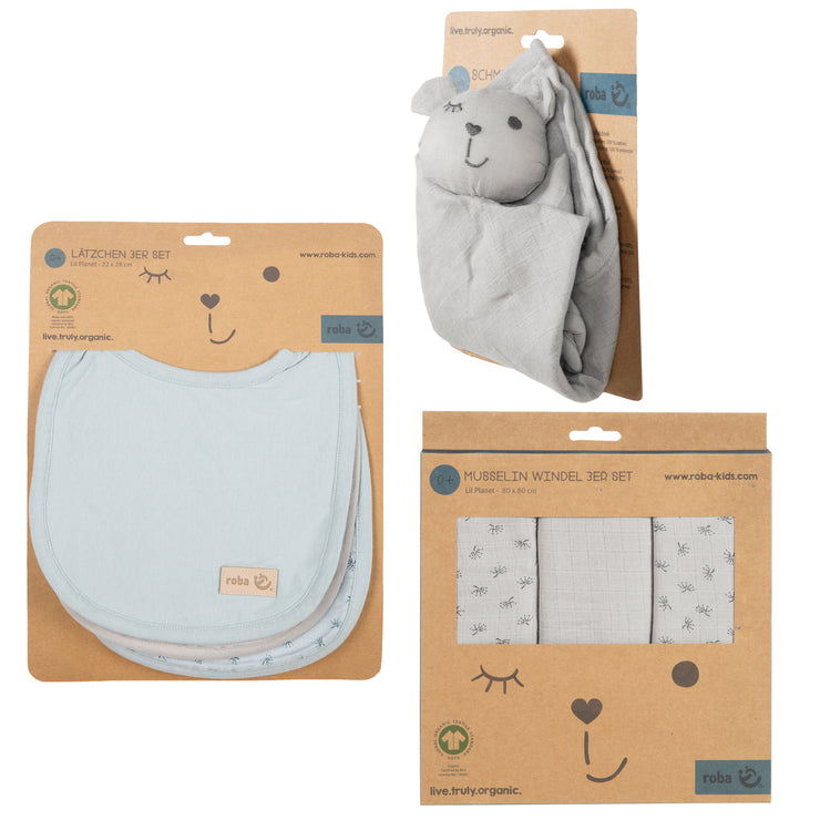 Set cadeau essentiels pour bébé "Lil Planet" gris argenté, coton bio, GOTS, durable