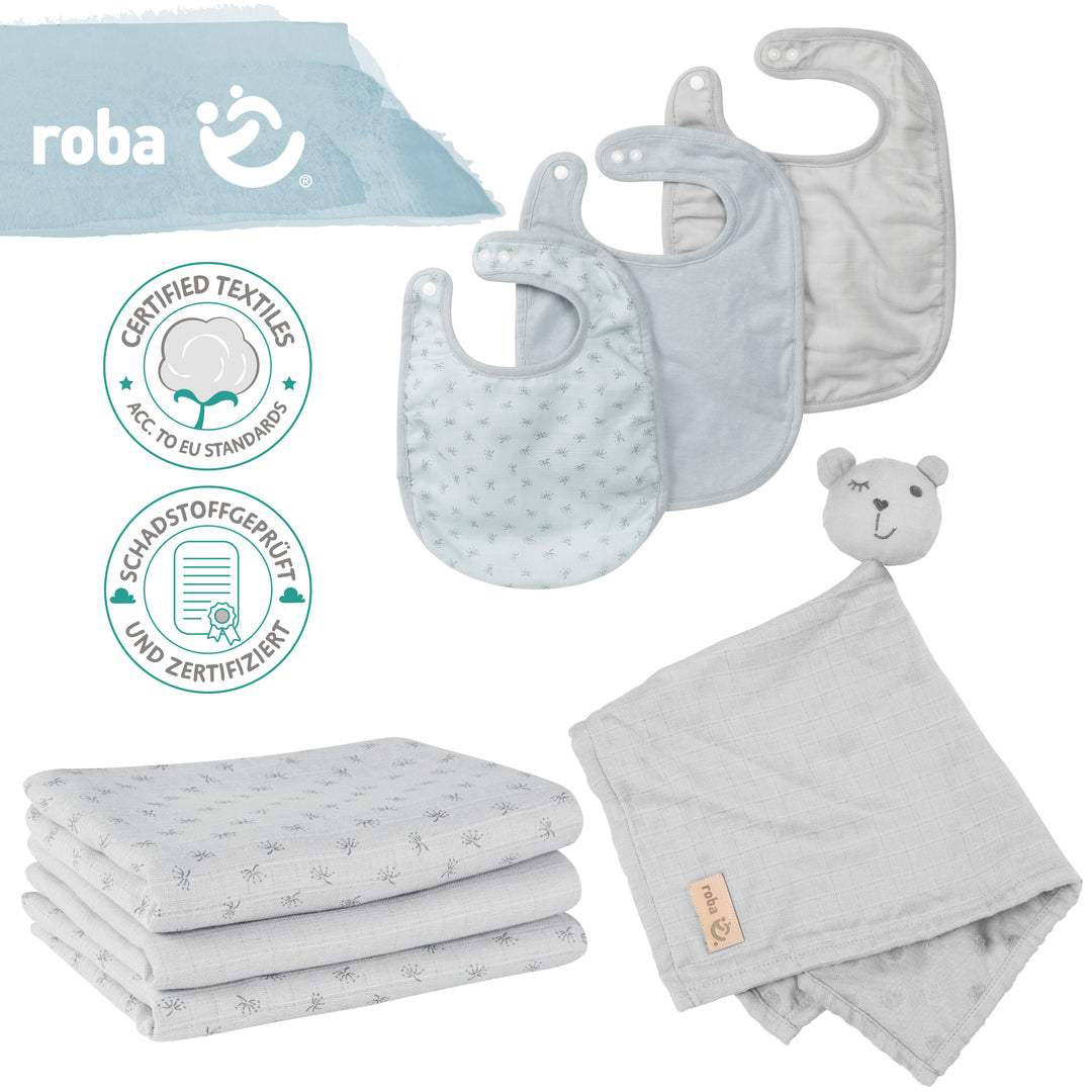 Set regalo biologico Baby Essentials 'Lil Planet' grigio argento realizzato in cotone biologico, GOTS, sostenibile