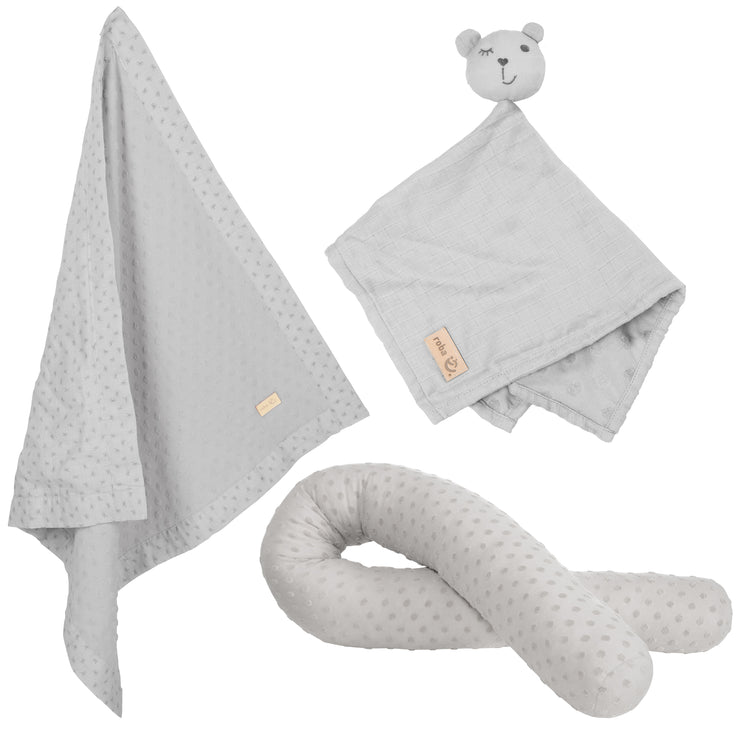 Set regalo biologico "Lil Planet" grigio argento, serpente da letto biologico, coperta per bambini e panno morbido