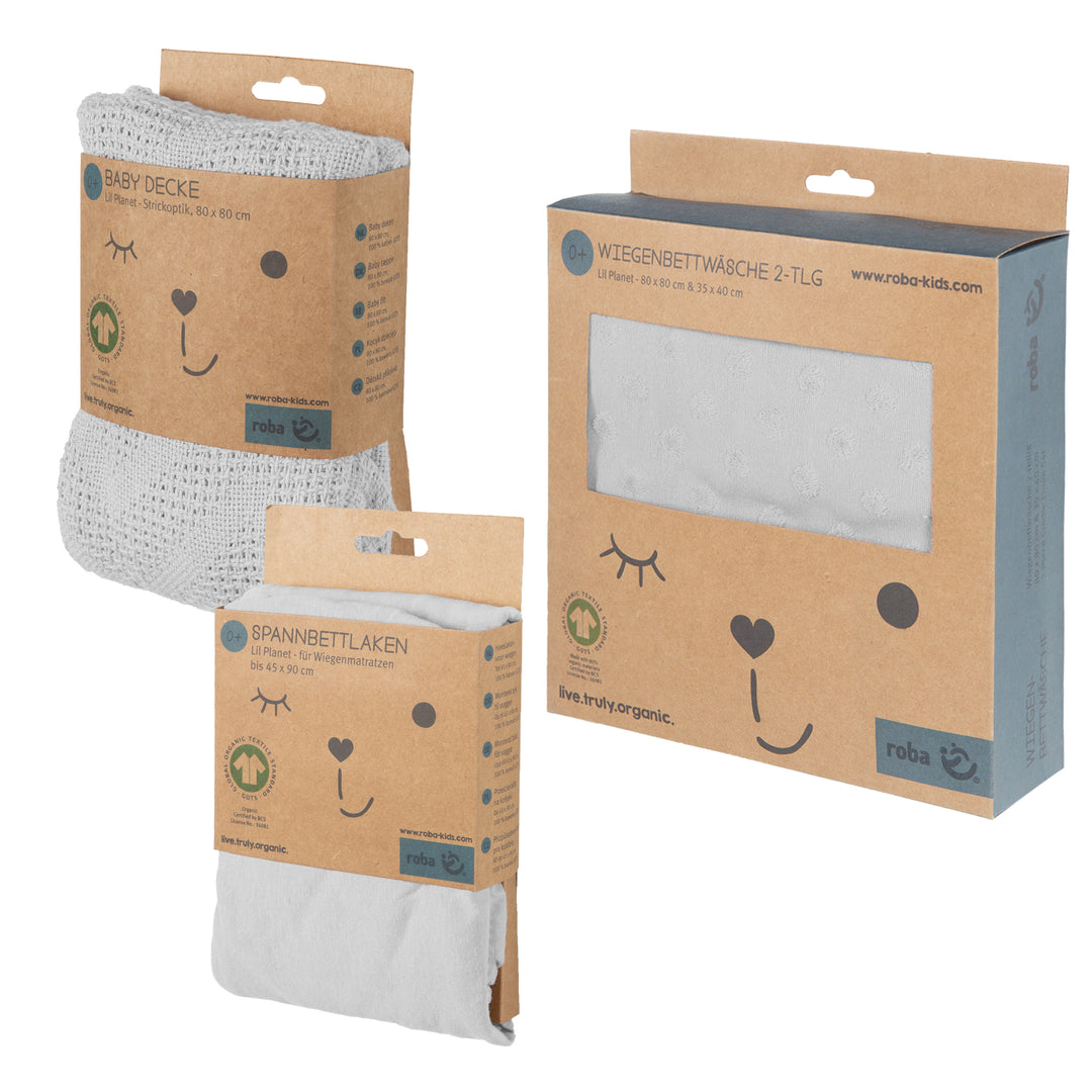 Organic Geschenkset 'Lil Planet' silbergrau, Bio-Bettwäsche, -Spannbettlaken & -Babydecke, GOTS