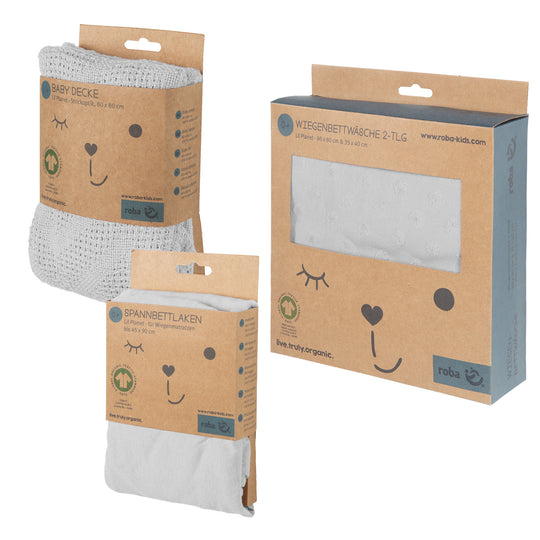 Organic Geschenkset 'Lil Planet' silbergrau, Bio-Bettwäsche, -Spannbettlaken & -Babydecke, GOTS