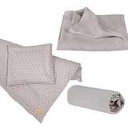 Set cadeau bio "Lil Planet" gris argenté, draps bio, drap housse extensible et couverture, GOTS