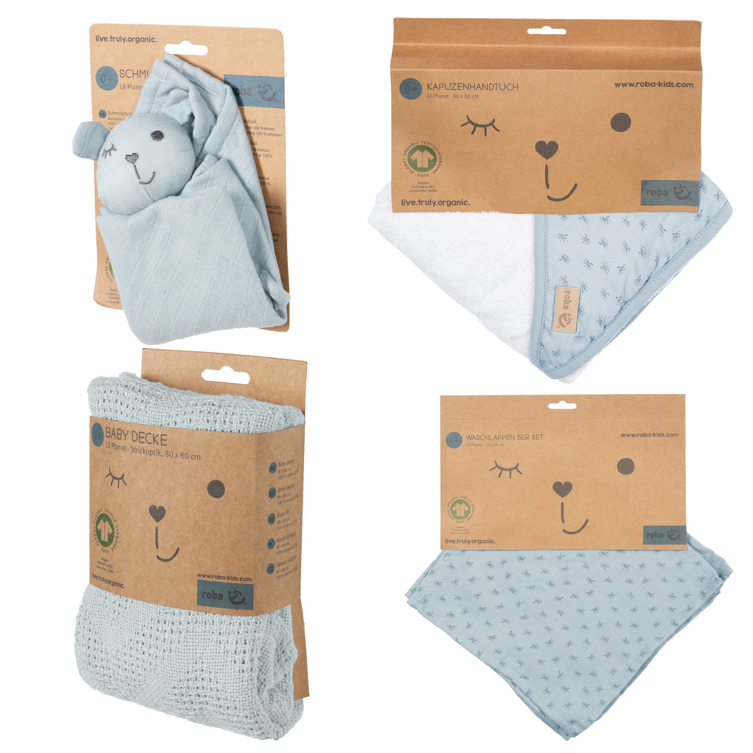 Organic Geschenkset 'Lil Planet' hellblau/sky, Handtuch, Waschlappen, Schmusetuch & Decke, GOTS
