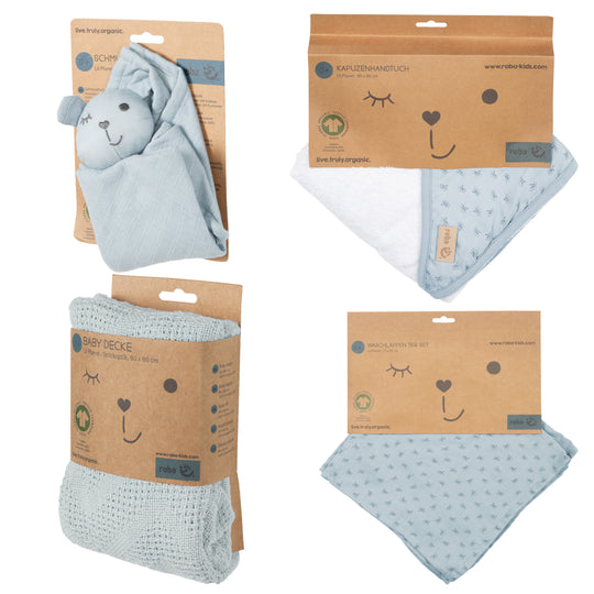 Organic Geschenkset 'Lil Planet' hellblau/sky, Handtuch, Waschlappen, Schmusetuch & Decke, GOTS