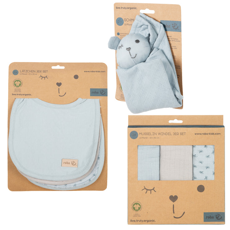 Set cadeau essentiels pour bébé "Lil Planet" bleu clair/ciel, coton bio, GOTS, durable