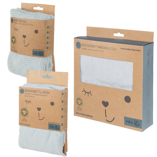 Organic Geschenkset 'Lil Planet' hellblau/sky, Bio-Bettwäsche, -Spannbettlaken & -Decke, GOTS