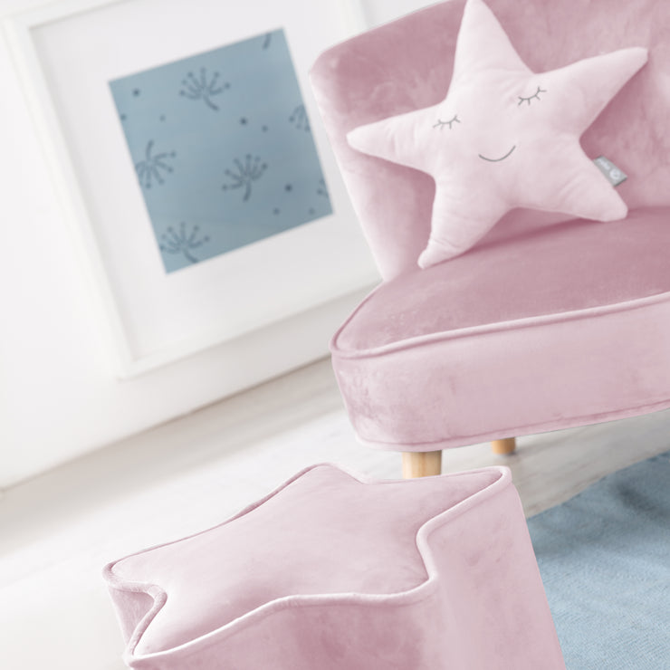 El paquete 'Lil Sofa' contiene un sofá para niños, un taburete para niños en forma de estrella y una almohada de estrella en rosa / malva.