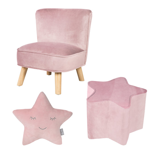 Bundle 'Lil Sofa' contiene poltrone per bambini, sgabelli per bambini a forma di stella, cuscini a forma di stella in rosa / malva