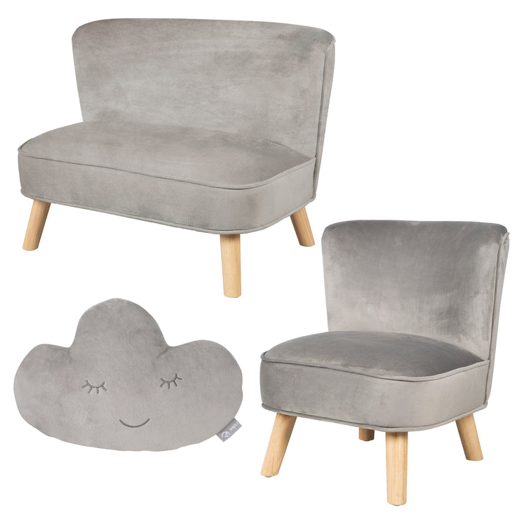 Pacchetto "Lil Sofa" contiene divano per bambini, sedia per bambini e cuscino decorativo a nuvola color grigio argento