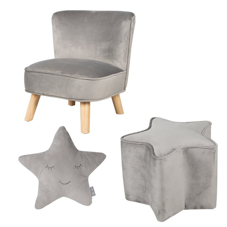 Ensemble "Lil Sofa" incl. un fauteuil, un tabouret et un coussin décoratif en forme d'étoile, gris argenté