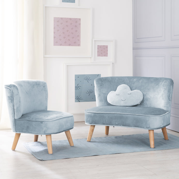 Pacchetto "Lil Sofa" contiene divano per bambini, sedia per bambini e cuscino decorativo a nuvola color azzurro/cielo